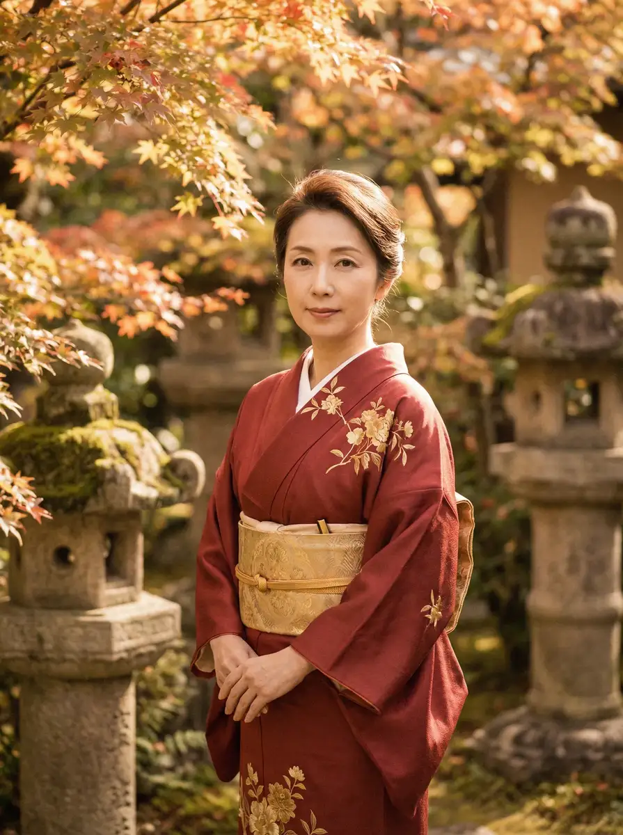 一位身穿暗红色和服的优雅 91浏览器 在日式庭院中